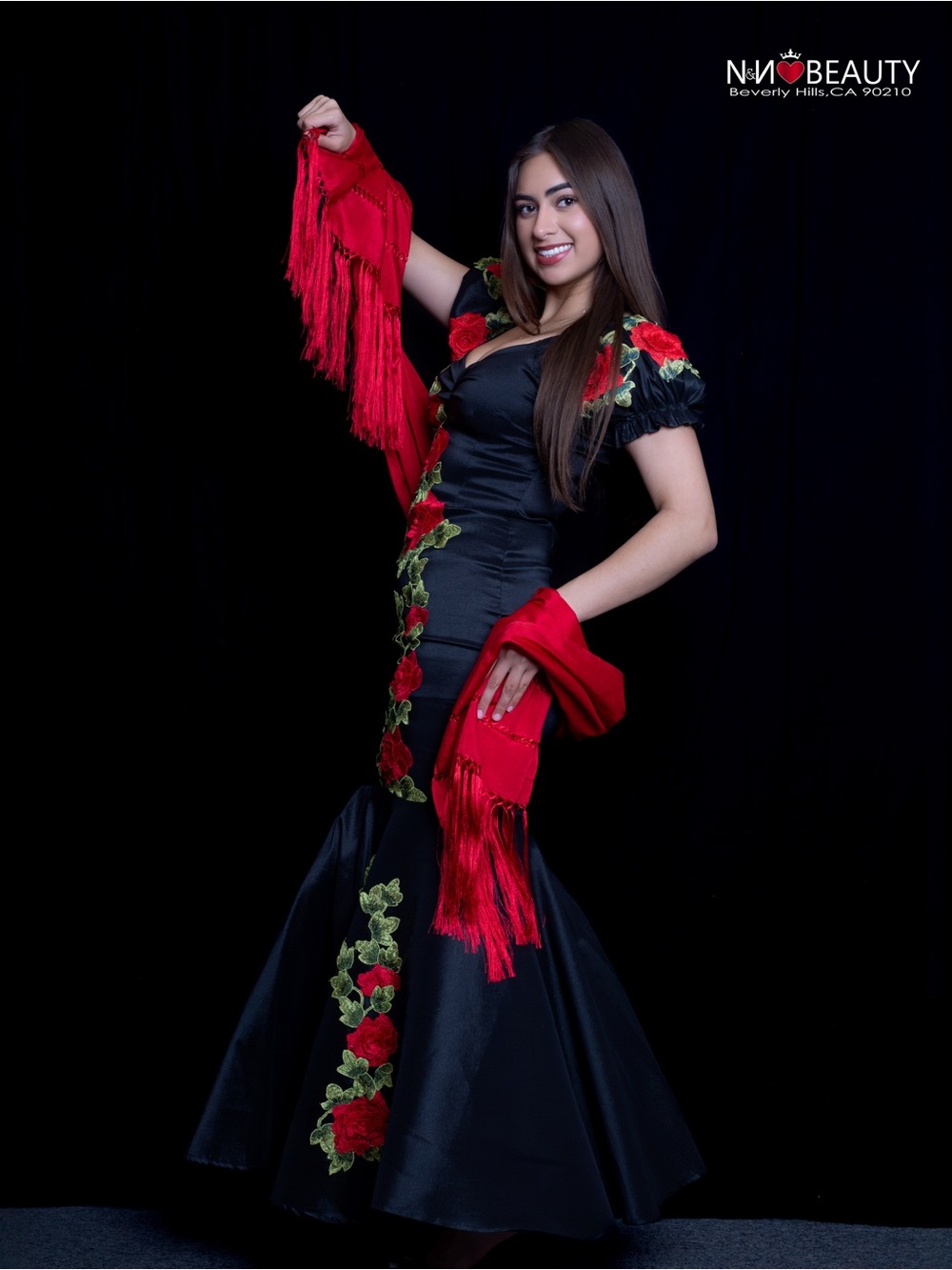 Black Satin Mermaid Dress with Red Rose Embroidery and Red Shawl - Picture 11 of 11